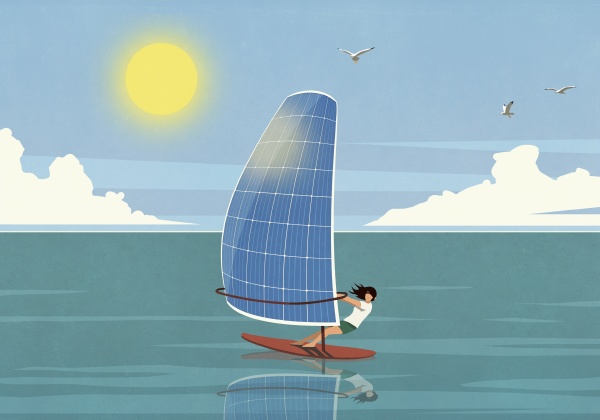 woman windsurfing with solar panel sail