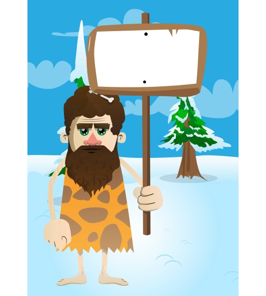 cartoon prehistoric man holding blank sign