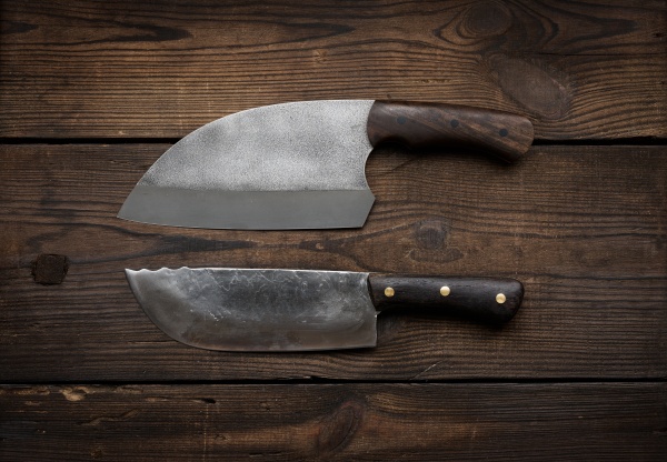metal sharp kitchen knives in a