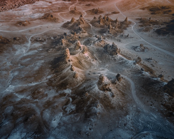 aerial view of trona pinnacles in