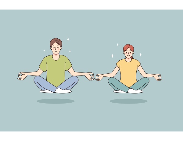 calm man and woman meditate in