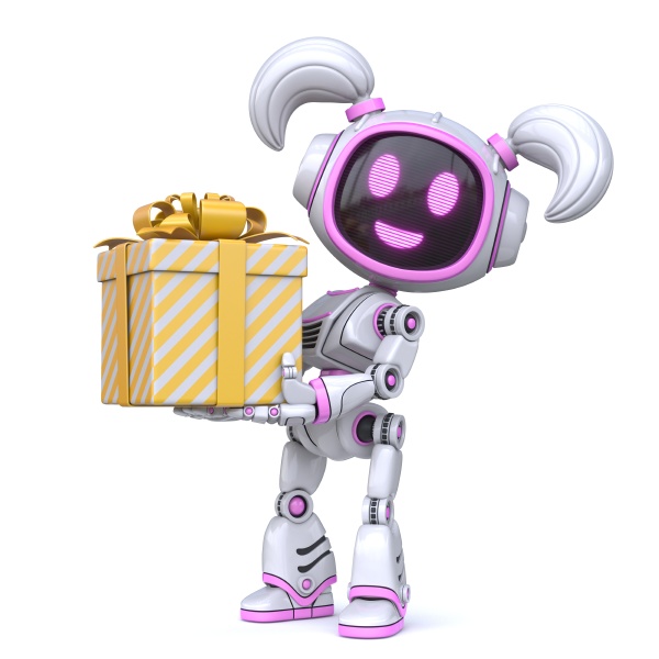 cute pink girl robot giving gift