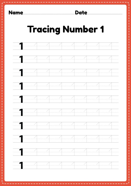 tracing number 1 worksheet for kindergarten