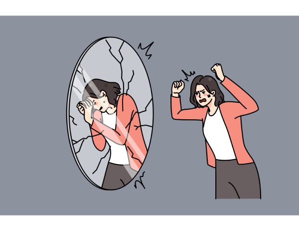 furious woman shout at mirror reflection