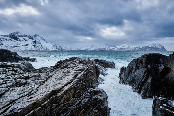 norwegian sea waves on rocky coast