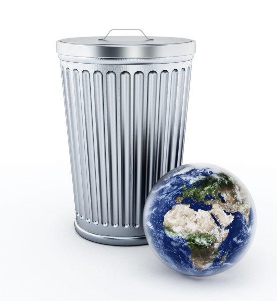 earth standing near metal trash bin