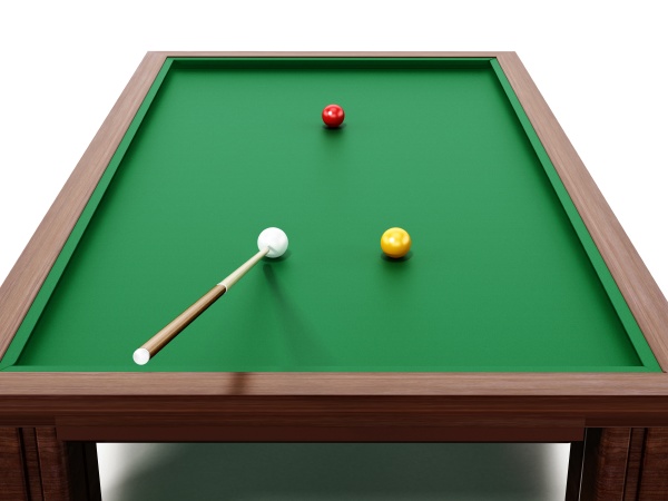 billiards table balls and cue
