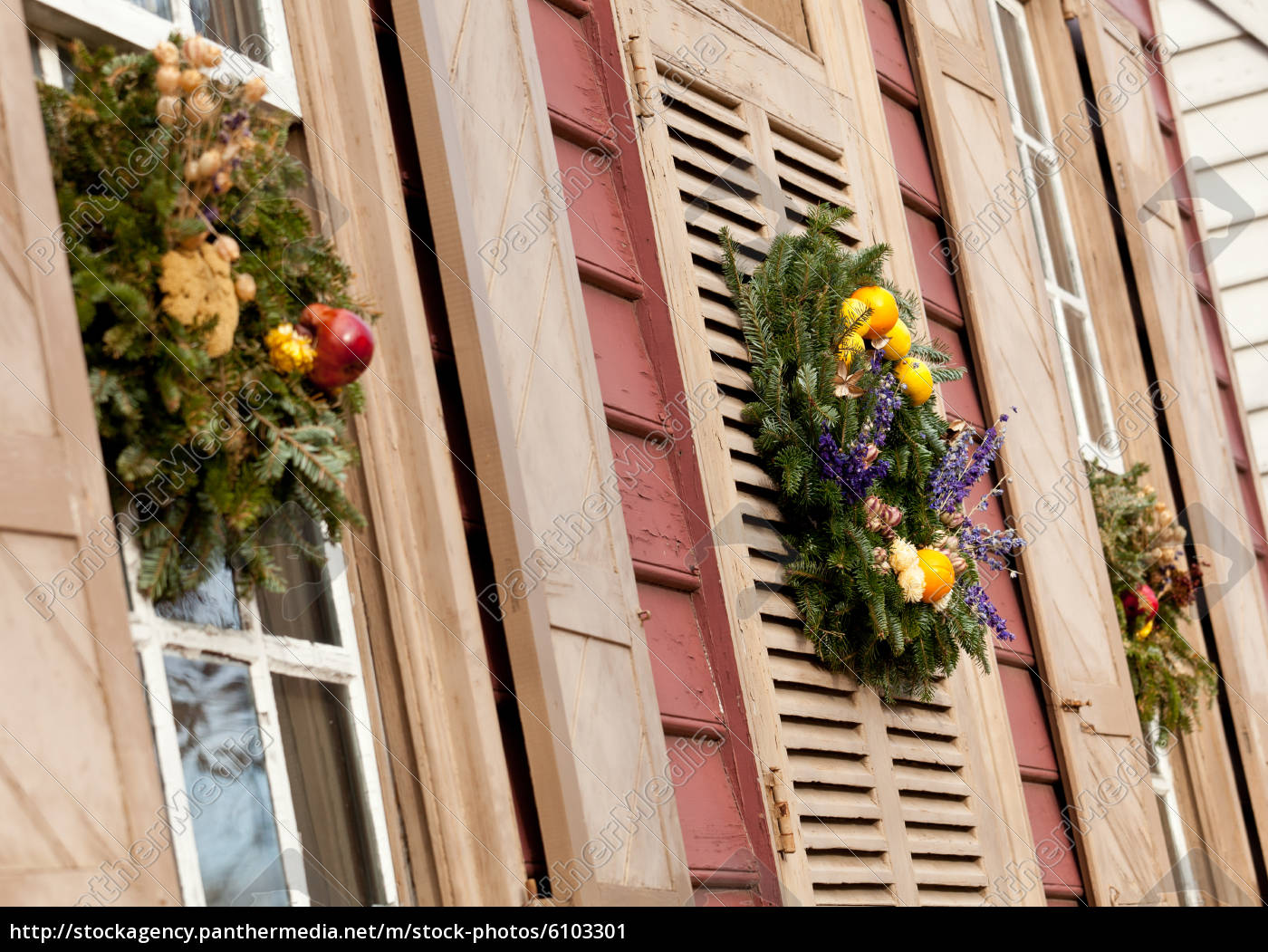 Traditional Xmas Wreath On Front Door Stock Photo 6103301