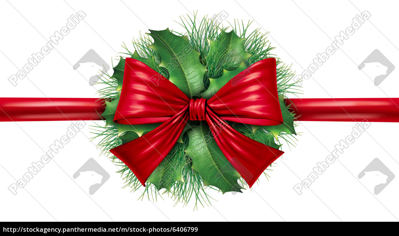 Red Bow With Pine Border And Circular Decoration Stock Photo