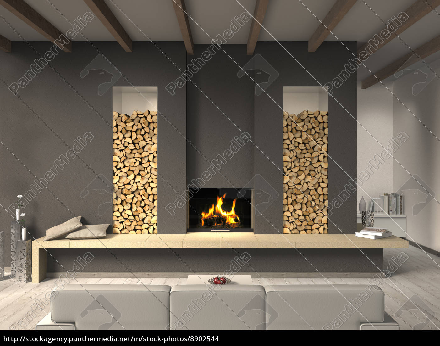 Living Room With Fireplace And Beamed Ceiling Royalty Free Photo