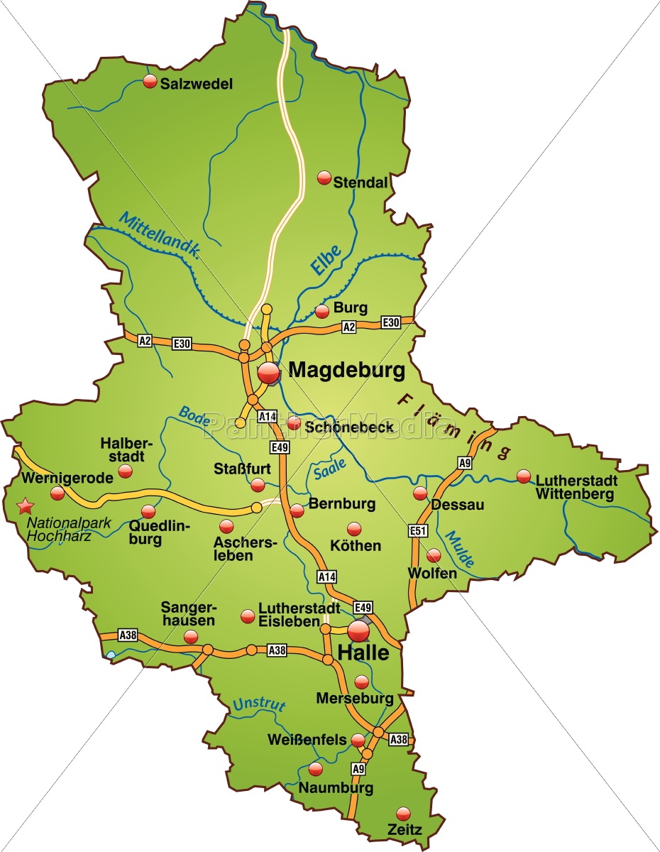 map of saxony-anhalt with transport network in green - Stock Photo
