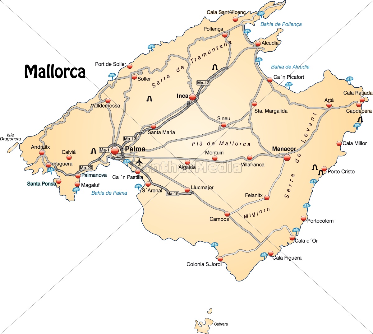 Map of Majorca with transport network in pastel orange - Royalty free ...