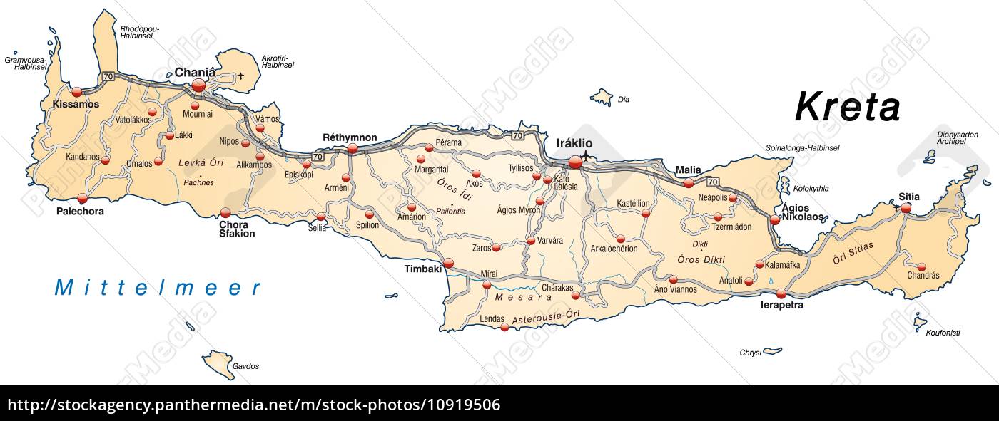 Map of Crete with transport network in Pastellorange - Stock image ...