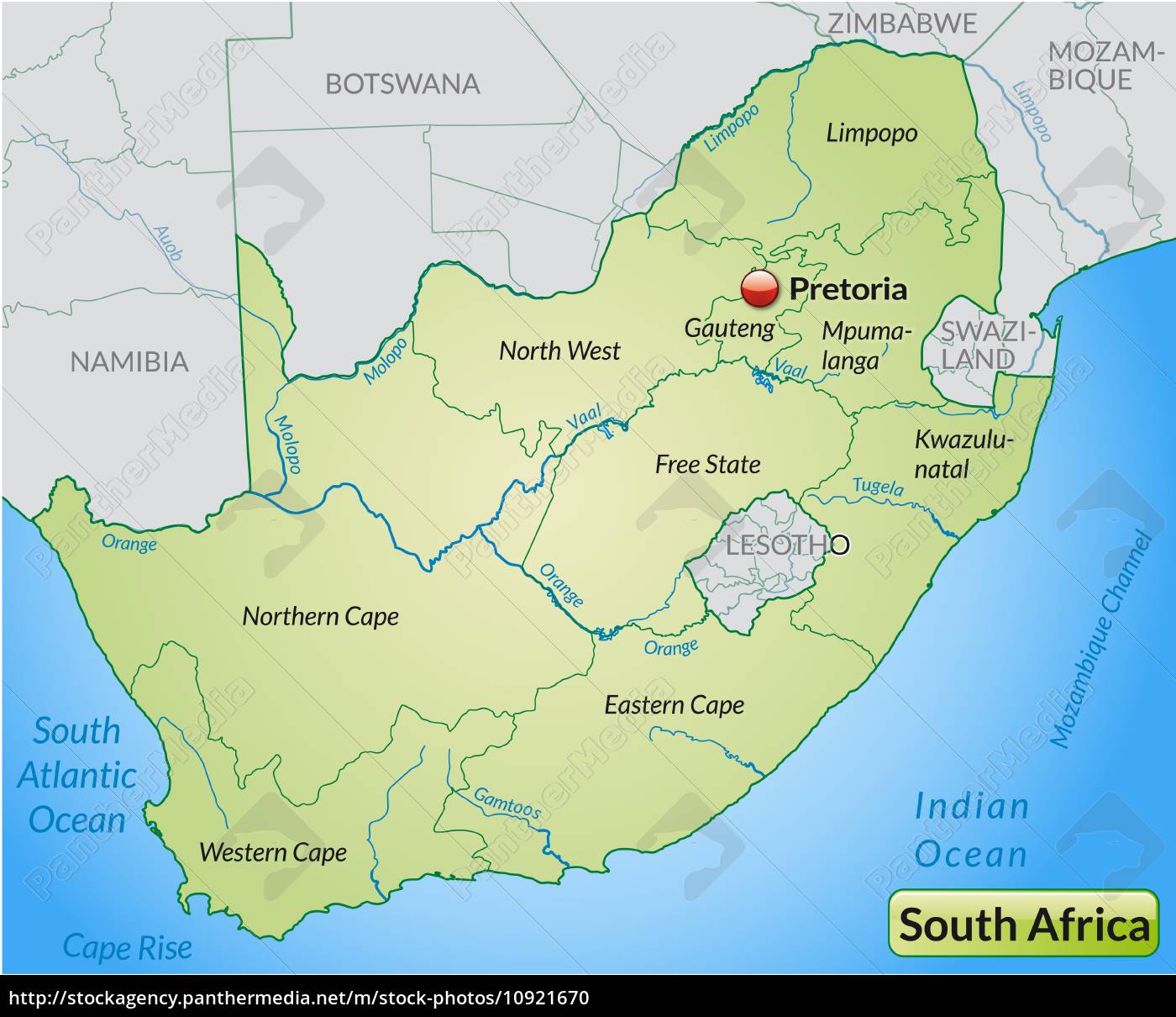 Map of South Africa with borders in pastel green - Stock image ...