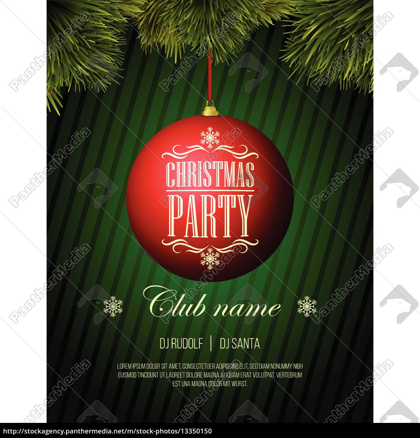 Christmas Party Flyer Template Red Bauble On A Green Royalty Free Image 13350150 Panthermedia Stock Agency