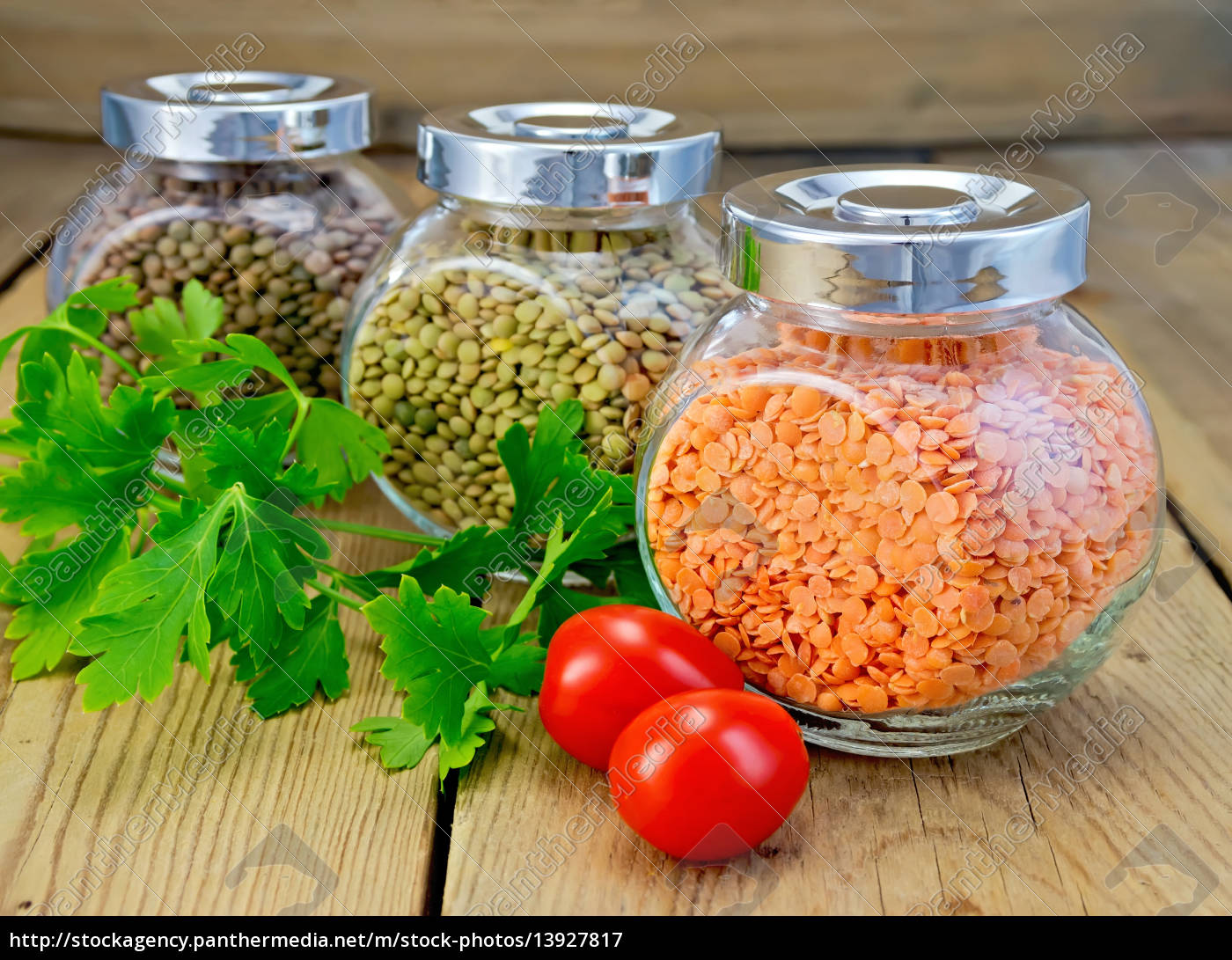 Lentils different in jars with parsley on board - Stock Photo ...