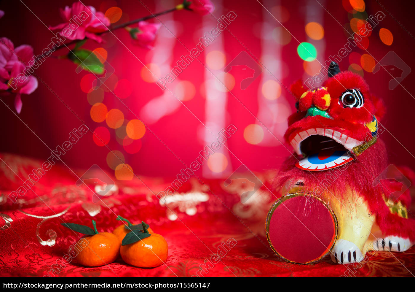 Chinese New Year Decorations On Red Background Stock Photo