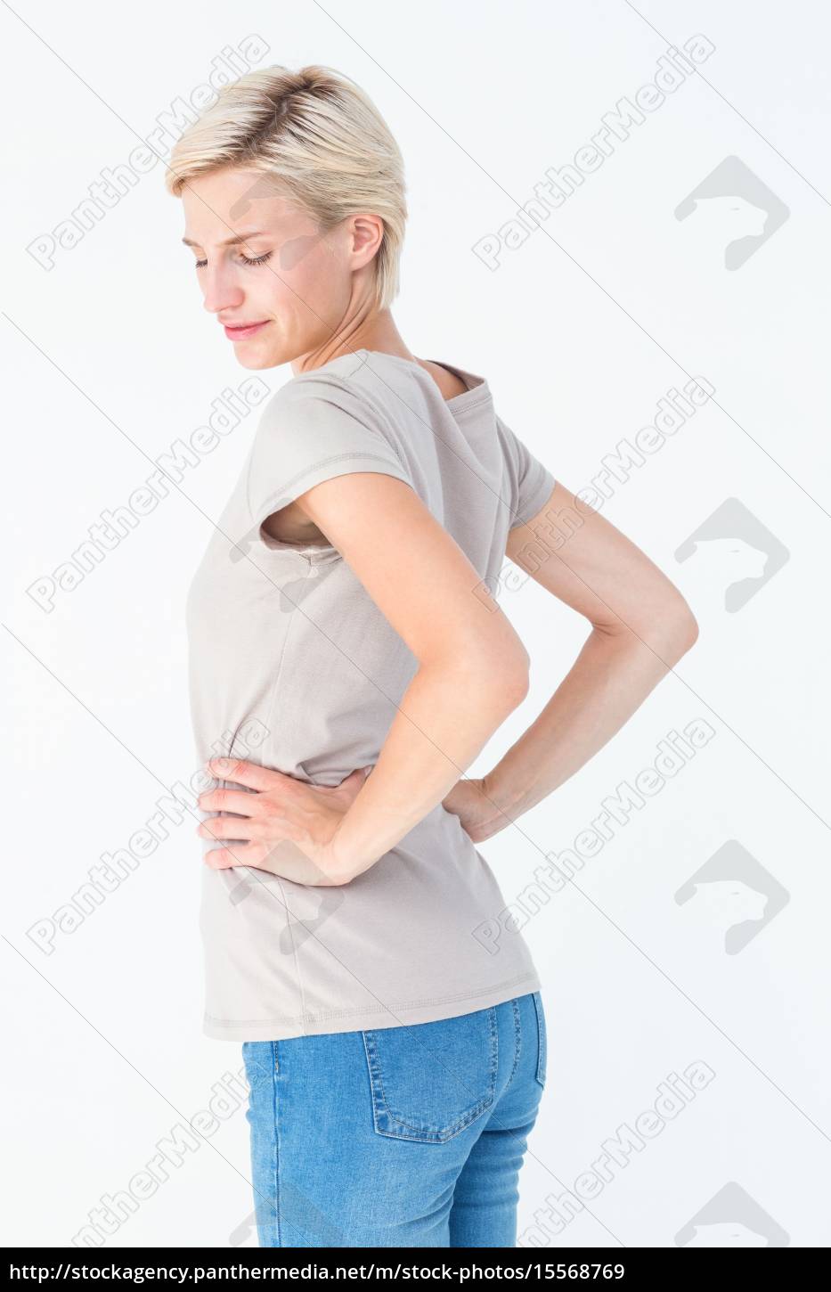 Woman Suffering Flank Pain On White Stock Photo 1051400534