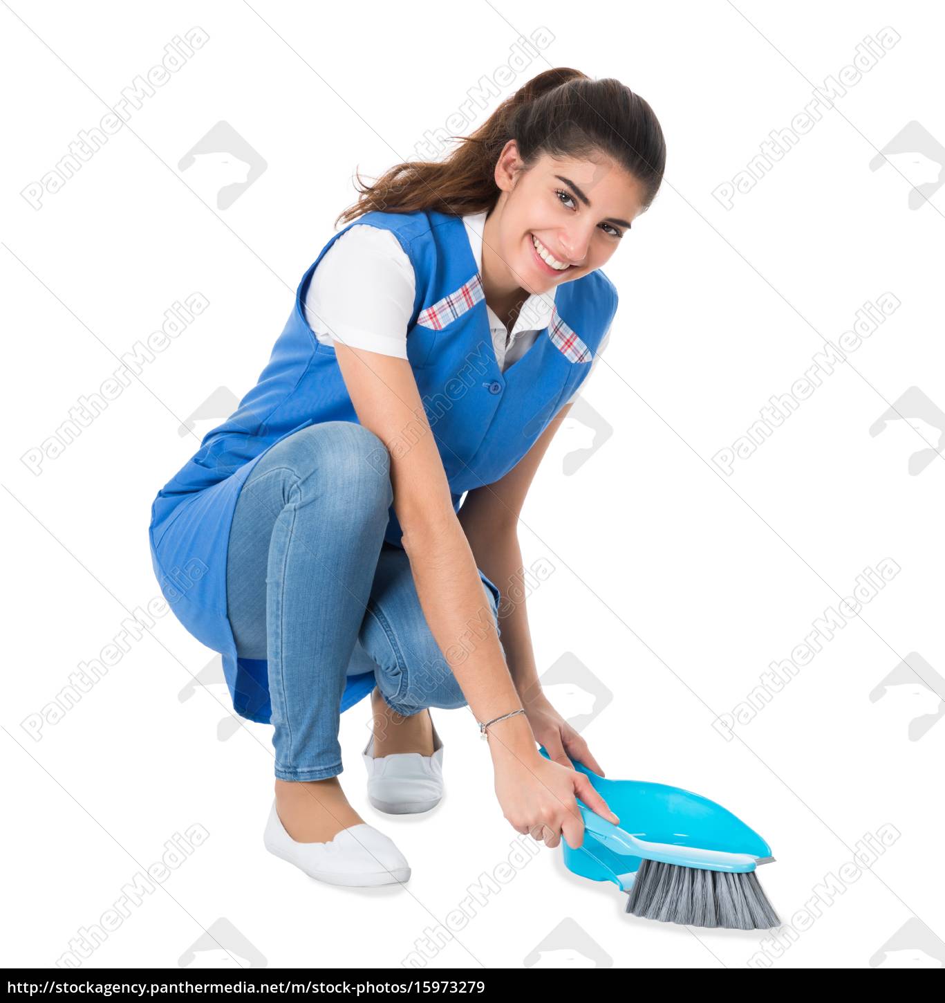 Cleaner Sweeping With Small Broom On White Background Stock Photo 15973279 Panthermedia Stock Agency