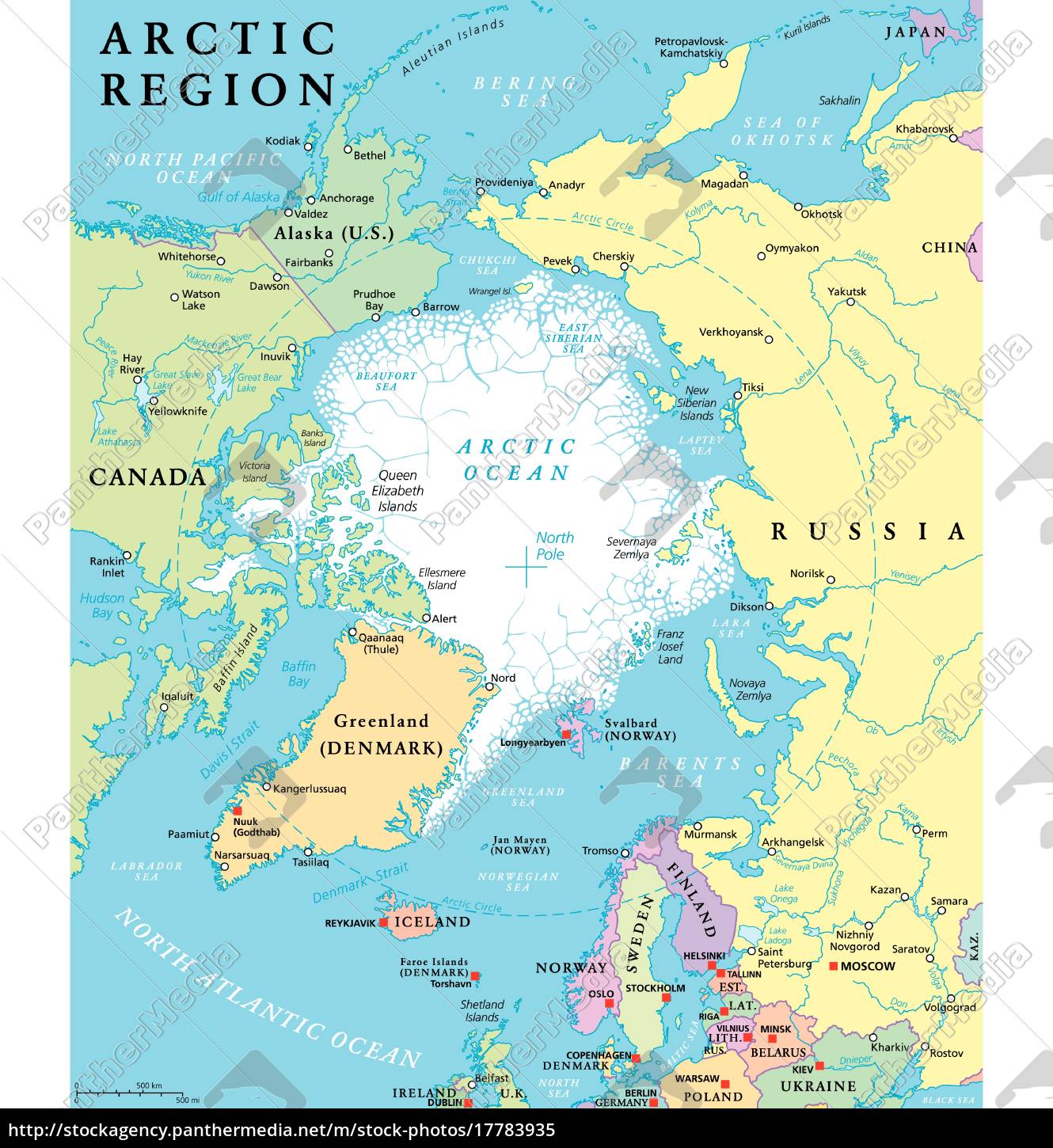 Arctic Region Political Map With Countries Capitals National Borders ...