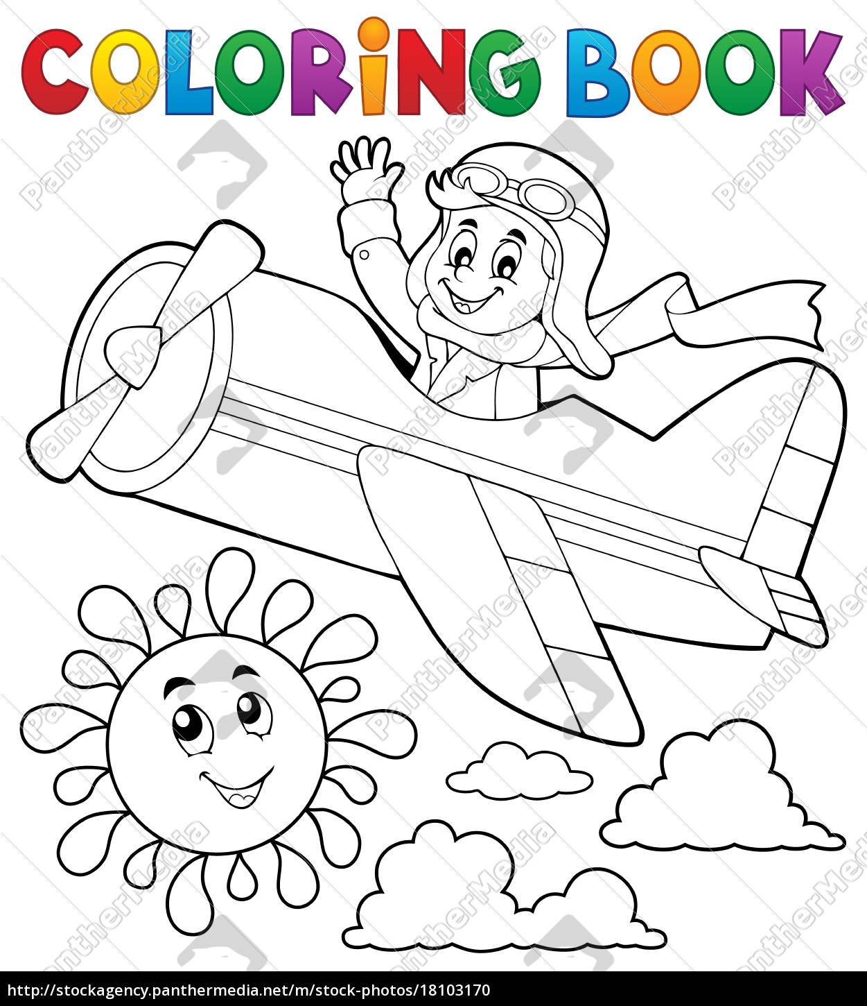 Coloring book pilot in retro airplane - Royalty free image - #18103170