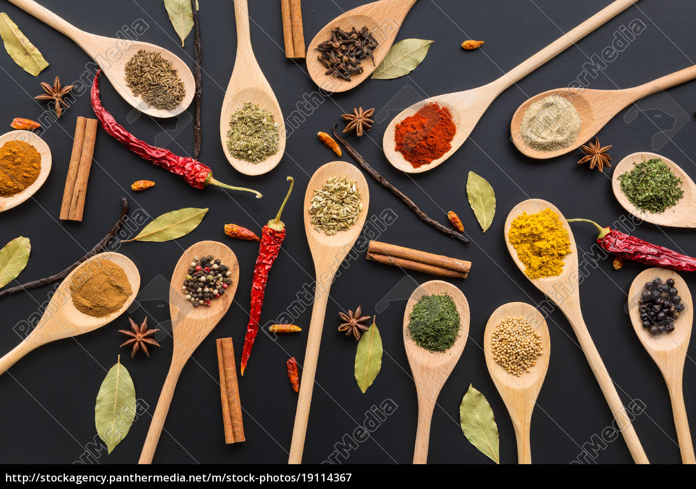 Various spices in wooden spoons. Stock Photo 19114367