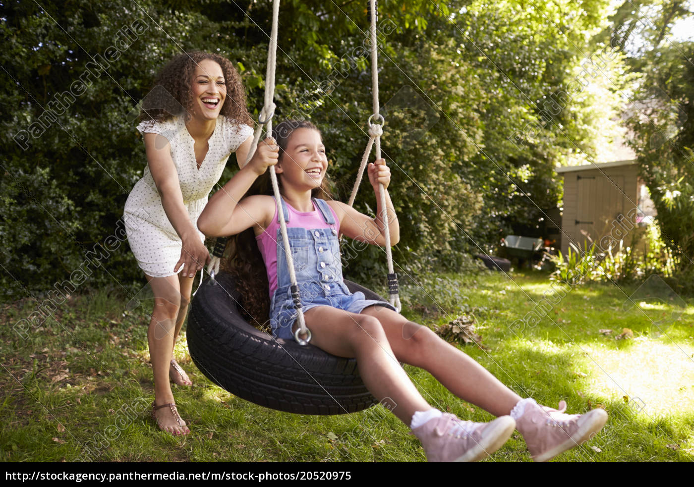 Mother Pushing Daughter On Tire Swing In Garden Royalty Free Image 5975 Panthermedia Stock Agency