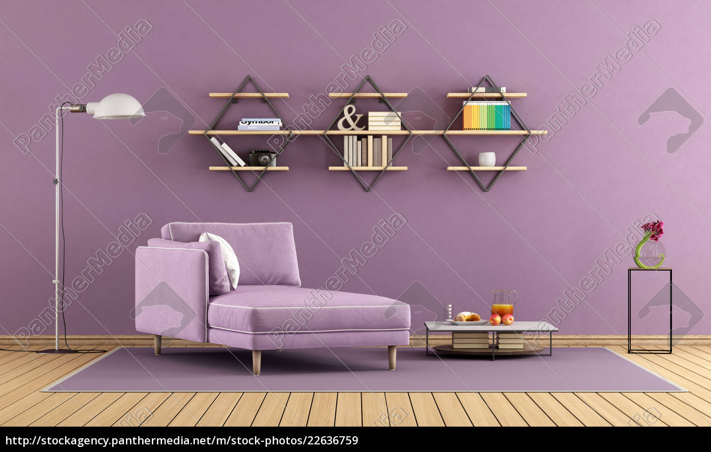 Stock Photo 22636759 Purple Living Room With Chaise Lounge And Shelves