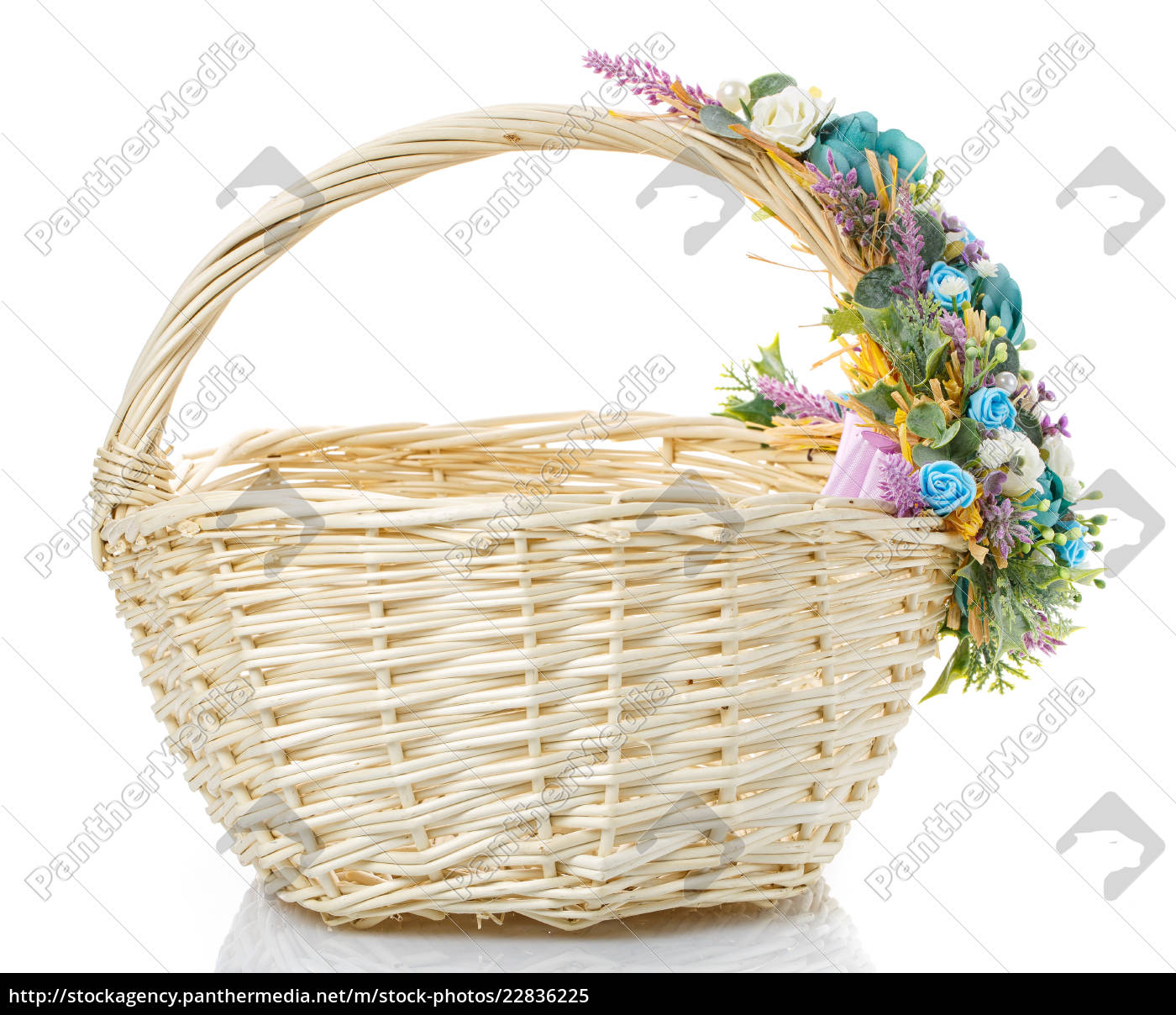 Basket Decorated With Flowers Isolated On White Royalty Free