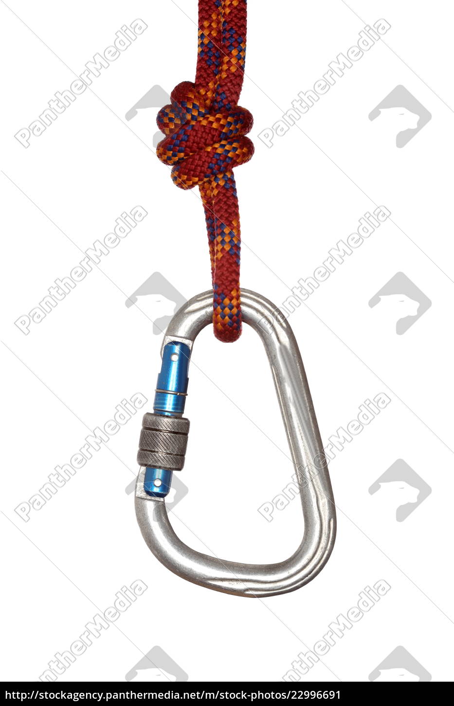 Climbing hook hangs on nylon rope - Stock Photo #22996691