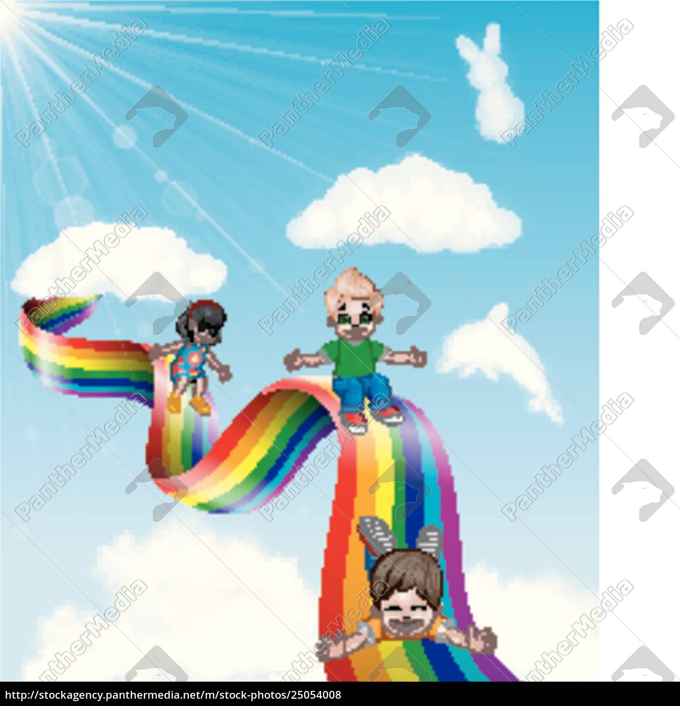 Cartoon kids sliding down the rainbow Royalty Free Vector