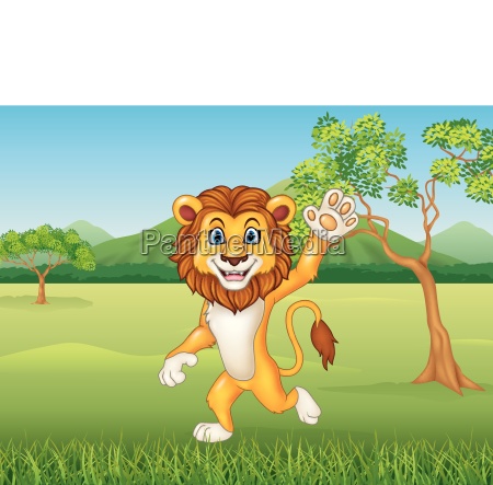 Cartoon funny lion waving on nature background - Royalty free image  #25072302 | PantherMedia Stock Agency