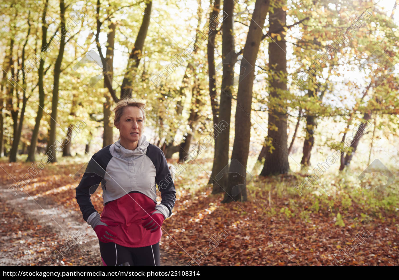 Mature Woman Running Through Autumn Woodland Royalty Free Image Panthermedia Stock Agency