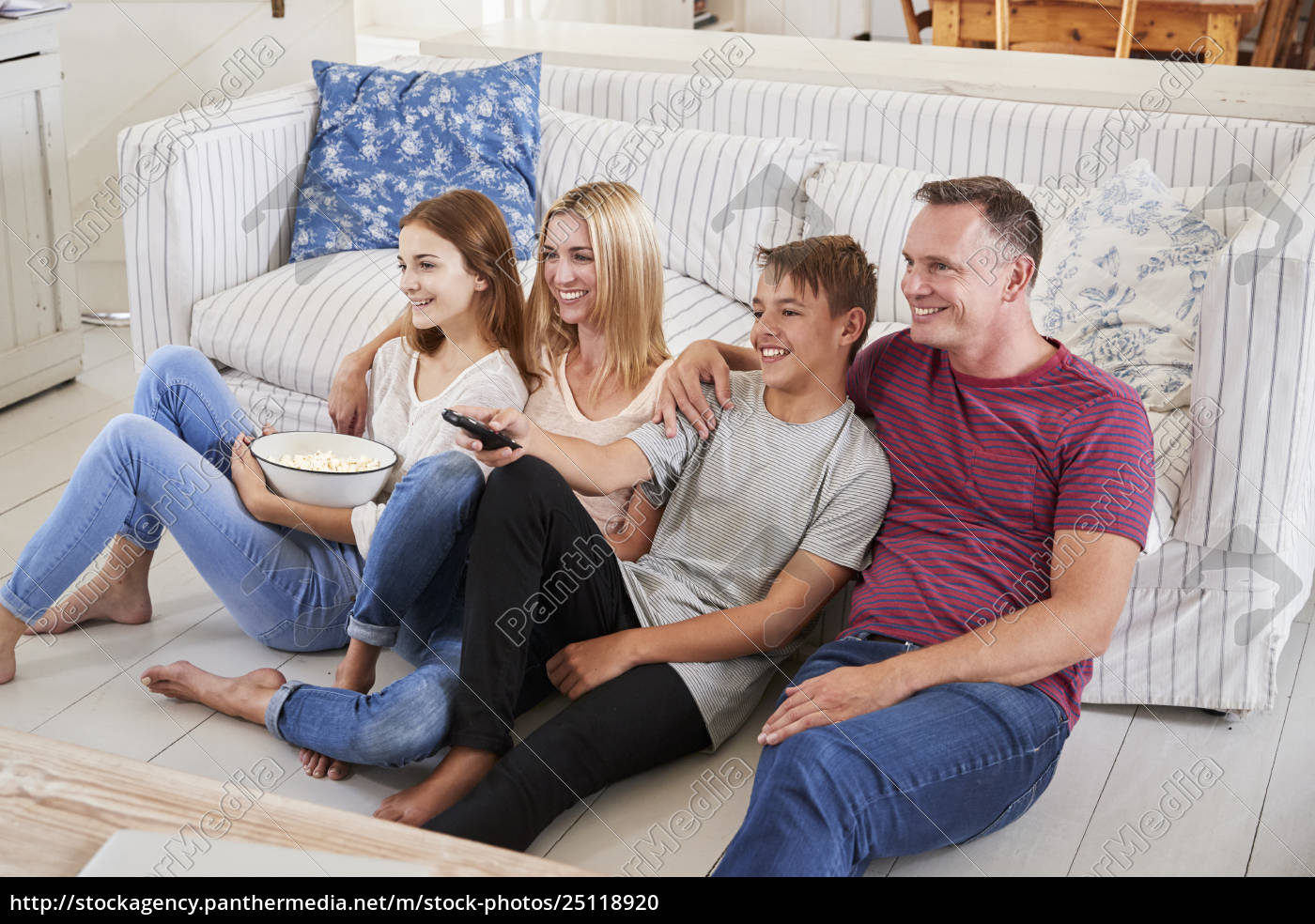 Family With Teenage Children Sitting On Sofa Watching Royalty Free Photo 2511 Panthermedia Stock Agency