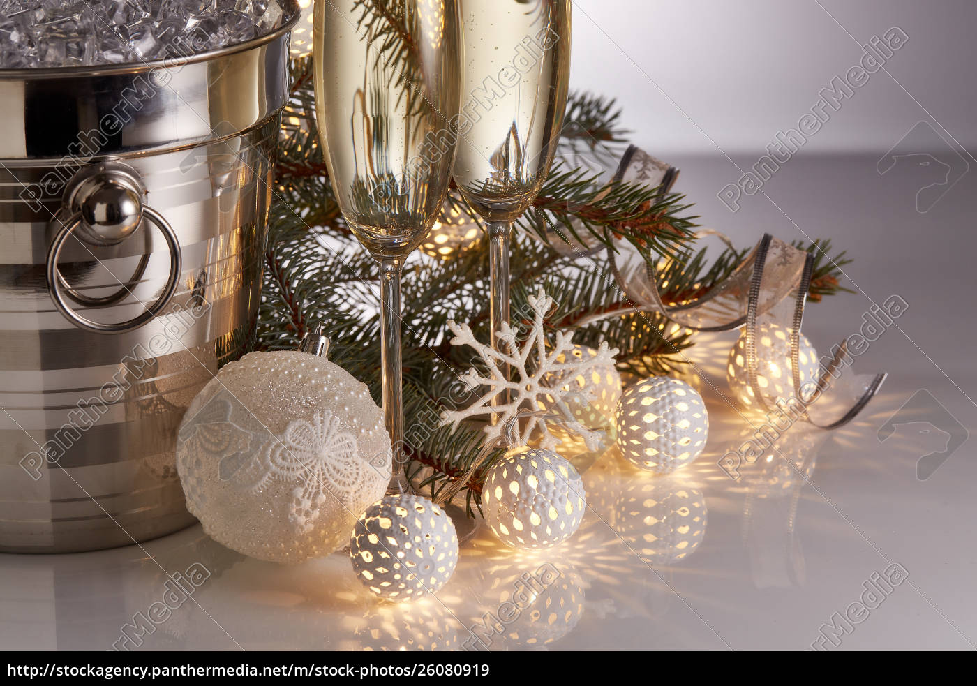 Champagne And Christmas And New Year Decorations Stock Photo