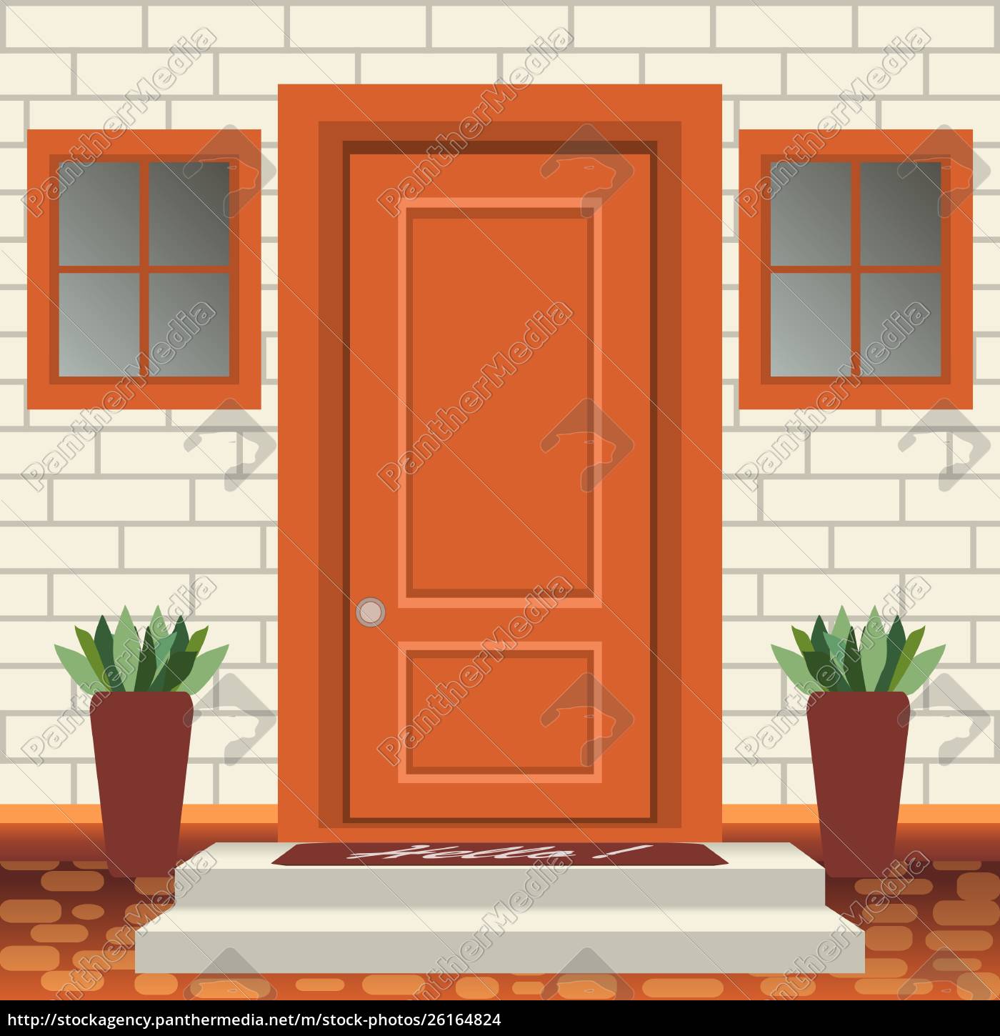 House door front with doorstep and steps, window, - vector clipart