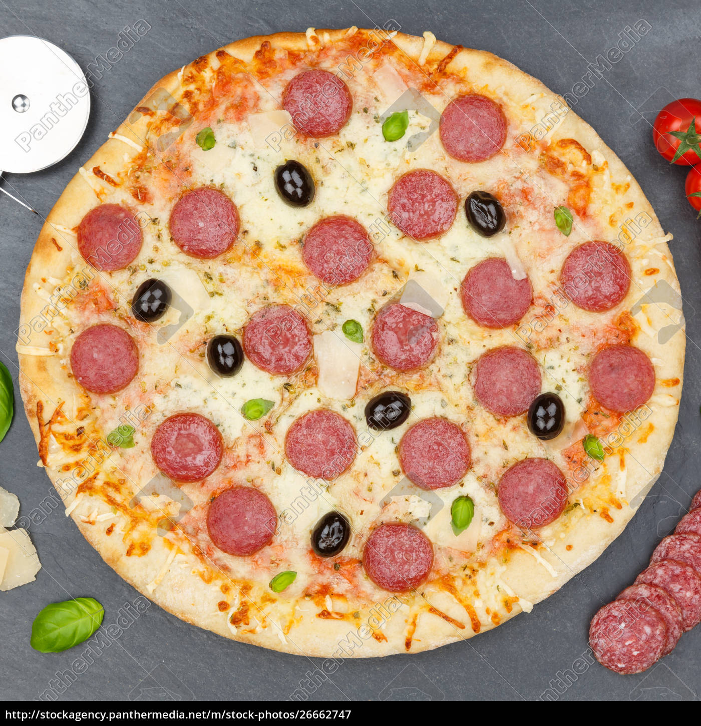 Pizza Pepperoni Salami From Above Square Baking Stock Photo Panthermedia Stock Agency