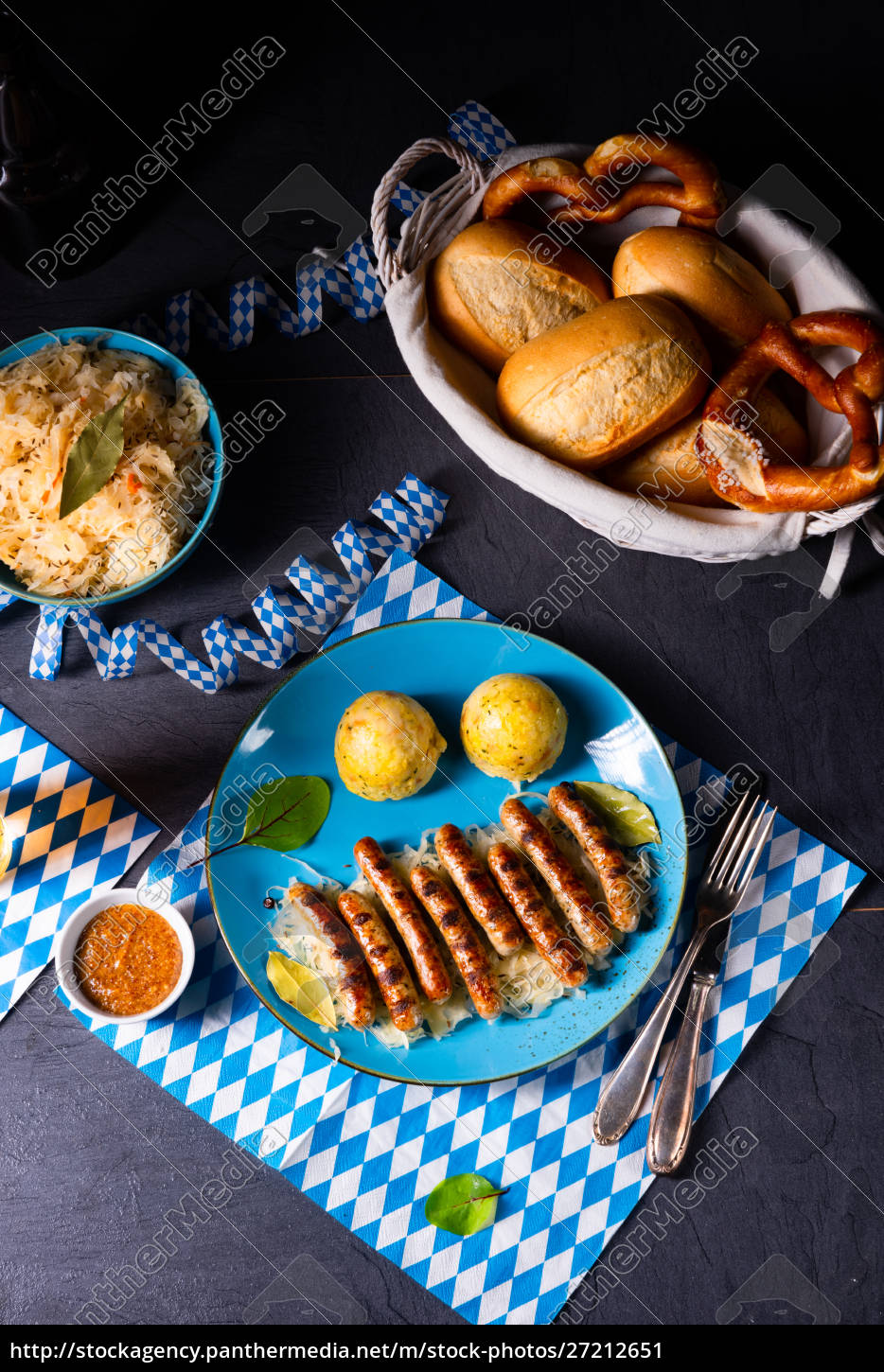 Nürnberger bratwurst with sauerkraut and dumplings - Stock Photo ...
