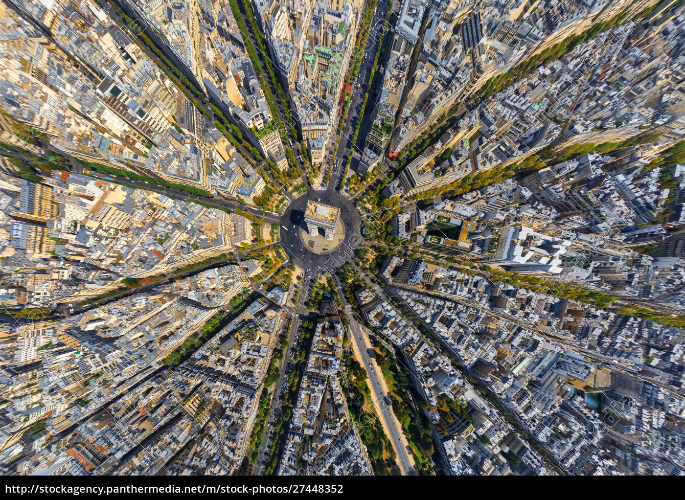 Aerial view above the arc de Triomphe Paris France. - Royalty free