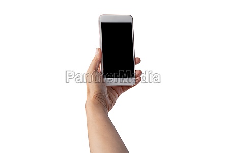 Lady woman hand holding mobile phone isolated on white - Stock Photo ...